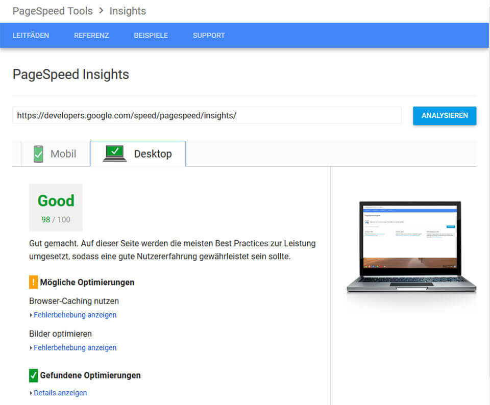 PageSpeed von Google PageSpeed Insights