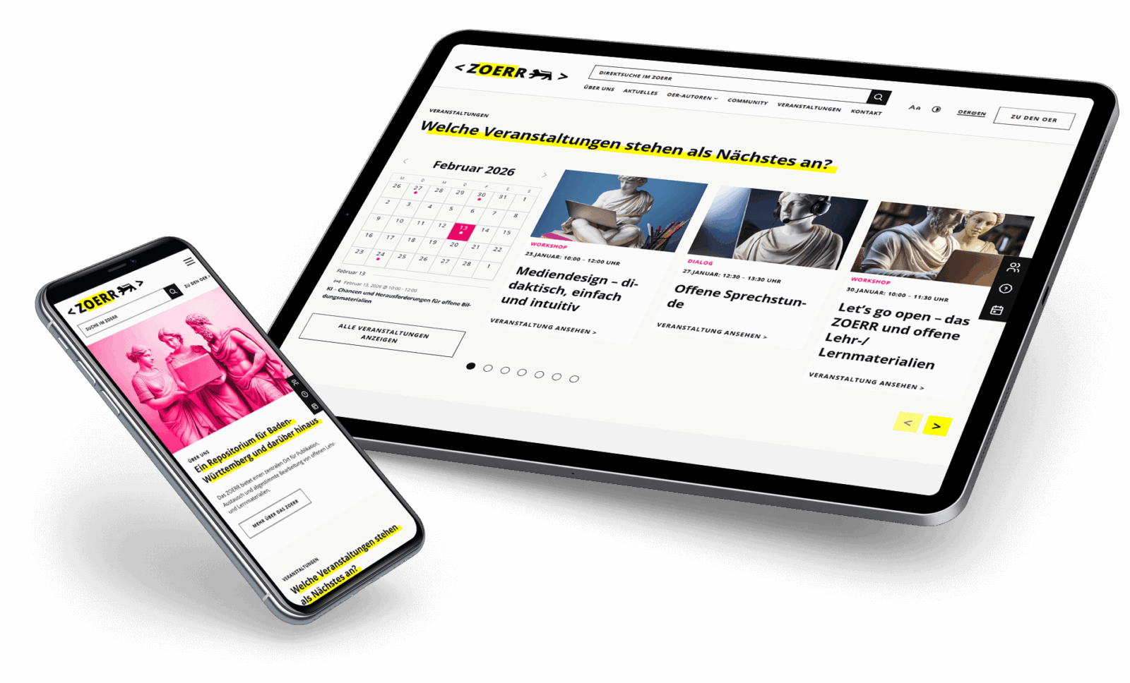 Webdesign mit aktivierenden Elementen wie Veranstaltungskalender und News Feed